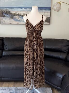 SHE’S COOL Y2K Zebra Print Maxi Dress Brown Flowy Boho Beach Summer Stretch L